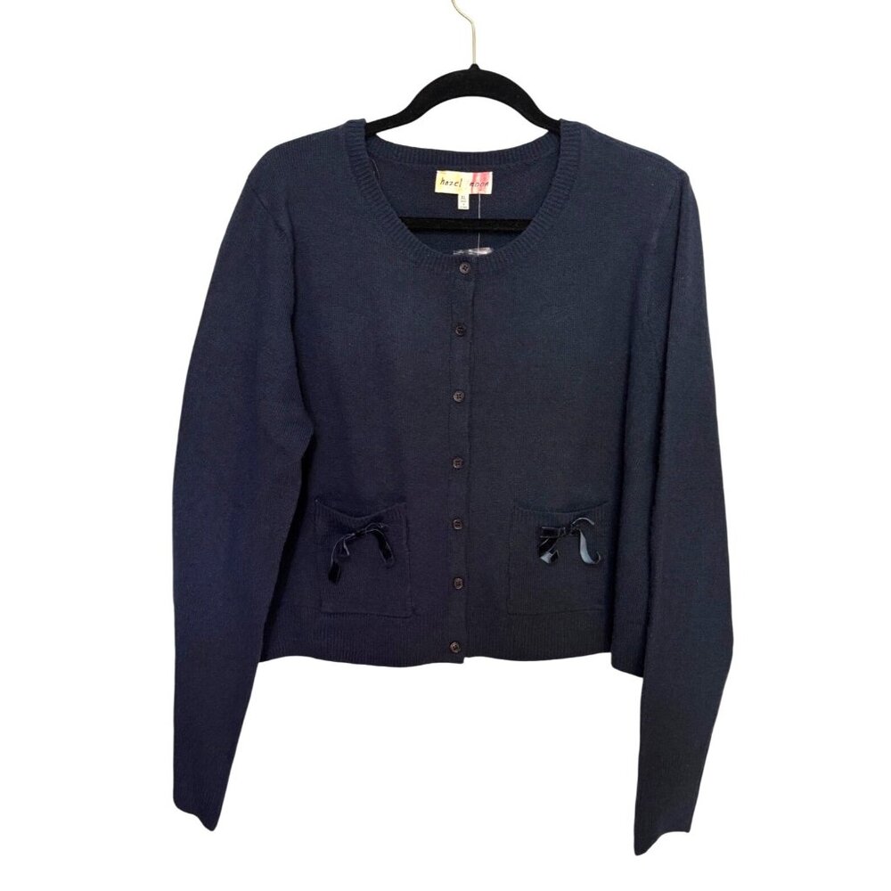 Hazel Moon Navy Blue Cardigan Sweater W/ Ribbon Bow Pockets XL Dark Academia NWT